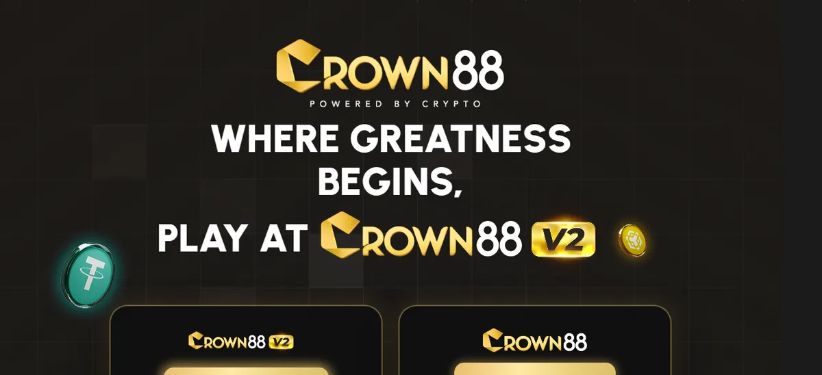 Crown88 homepage singapore live casino, showing the brand hero over a dark background with crypto tokens