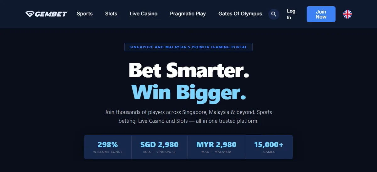 Gembet homepage live dealer casino singapore, showing its welcome figures and game count on a dark blue hero