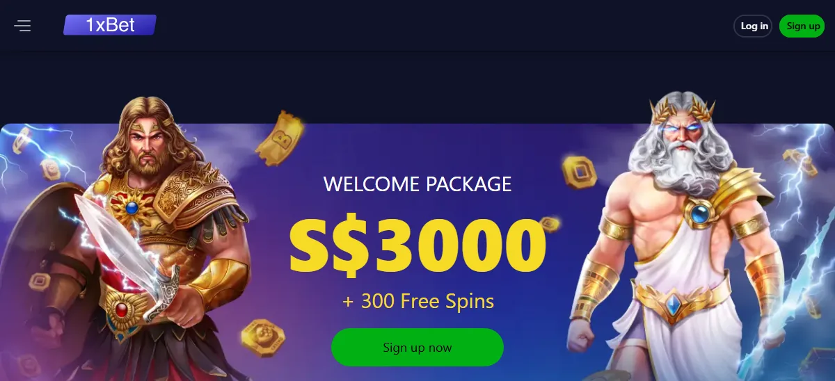 1xbet homepage live dealer casino singapore, showing its welcome package and lobby over a dark hero