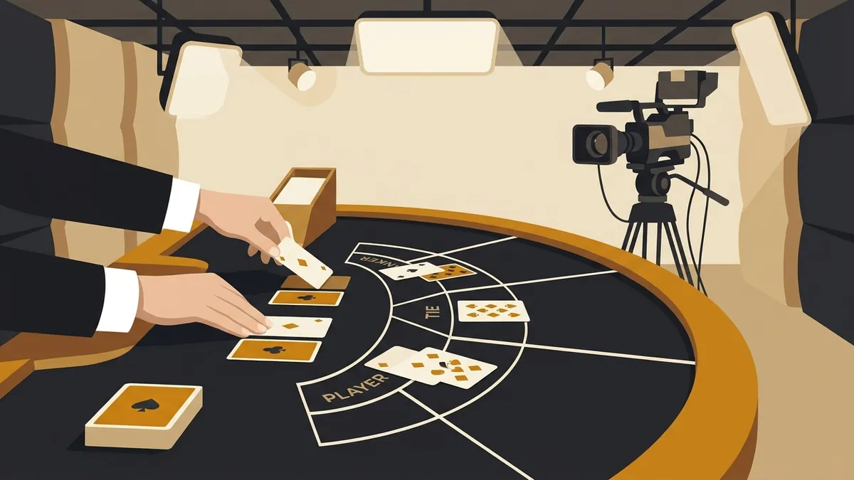 A live dealer at a baccarat table in a streaming studio, the kind of room behind every live casino singapore lobby